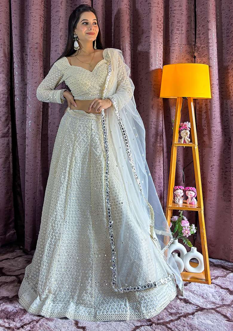 White Embroidery Georgette Lehenga Choli Set for Diwali and Festive Wear - Indya