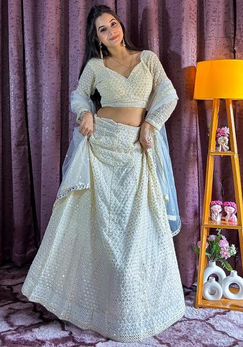 White Embroidery Georgette Lehenga Choli Set