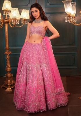 Pink Embroidery Net Lehenga Choli Set