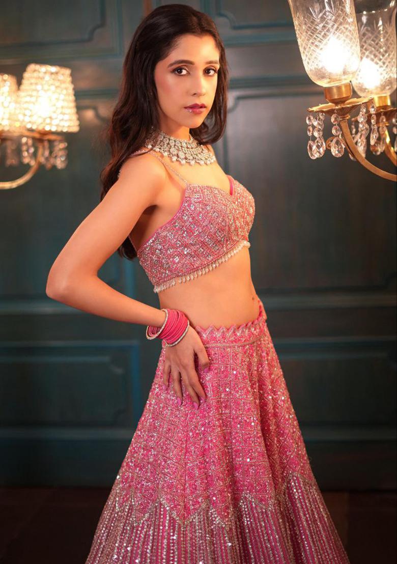 Pink Embroidery Net Lehenga Choli Set