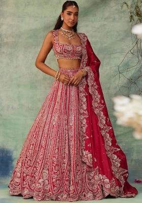Red Embroidery Silk Lehenga Choli Set