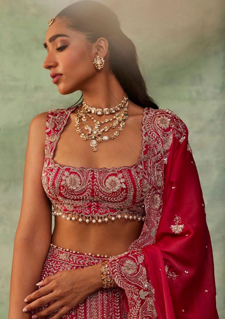Red Embroidery Silk Lehenga Choli Set