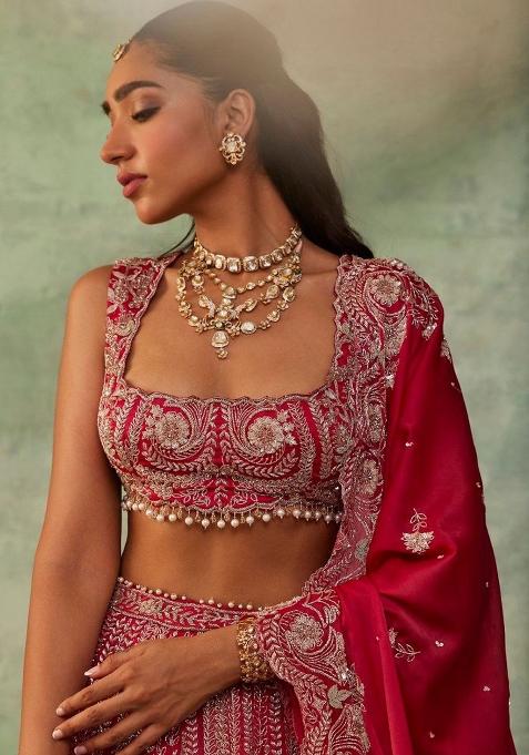 Red Embroidery Silk Lehenga Choli Set