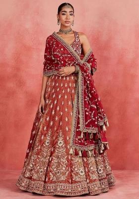 Orange Embroidery Silk Lehenga Choli Set