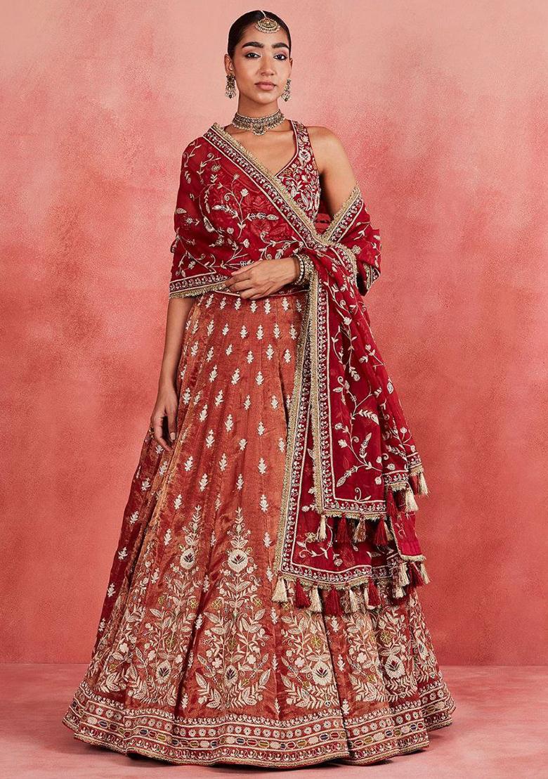 Orange Embroidery Silk Lehenga Choli Set