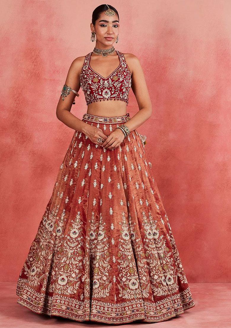 Orange Embroidery Silk Lehenga Choli Set - Indya