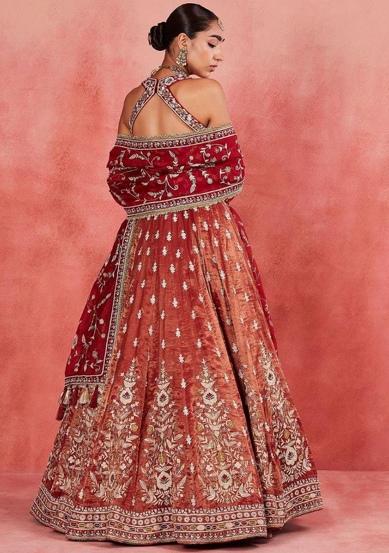 Orange Embroidery Silk Lehenga Choli Set
