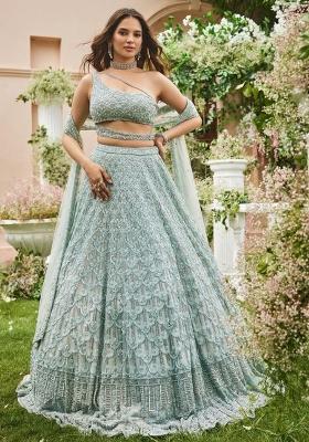 Pista Embroidery Net Lehenga Choli Set