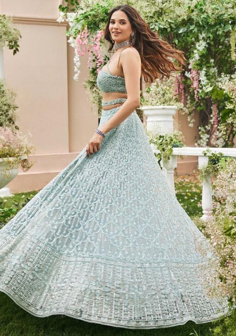 Pista Embroidery Net Lehenga Choli Set - Indya