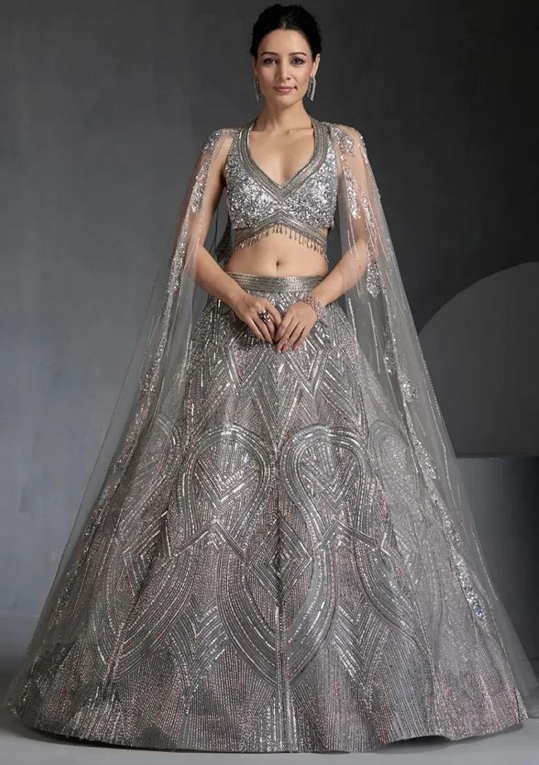 Grey Embroidery Georgette Lehenga Choli Set - Indya