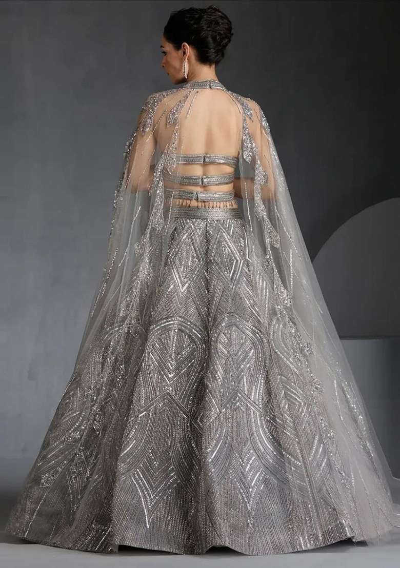 Grey Embroidery Georgette Lehenga Choli Set - Indya