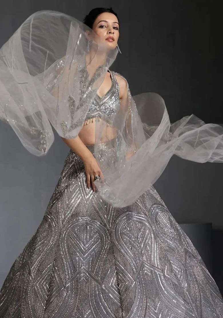 Grey Embroidery Georgette Lehenga Choli Set - Indya
