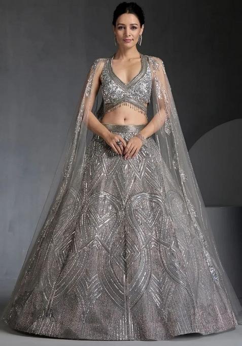 Grey Embroidery Georgette Lehenga Choli Set