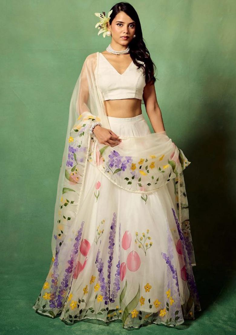 White Embroidery Silk Lehenga Choli Set