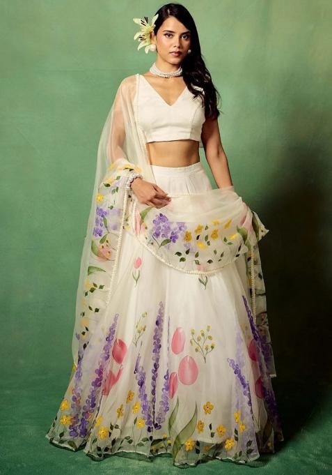 White Embroidery Silk Lehenga Choli Set