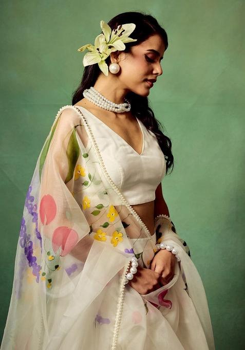 White Embroidery Silk Lehenga Choli Set