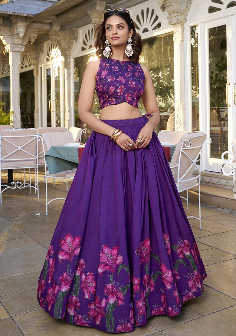 Purple Embroidery Silk Lehenga Choli Set - Indya