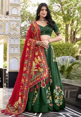 Green Embroidery Silk Lehenga Choli Set