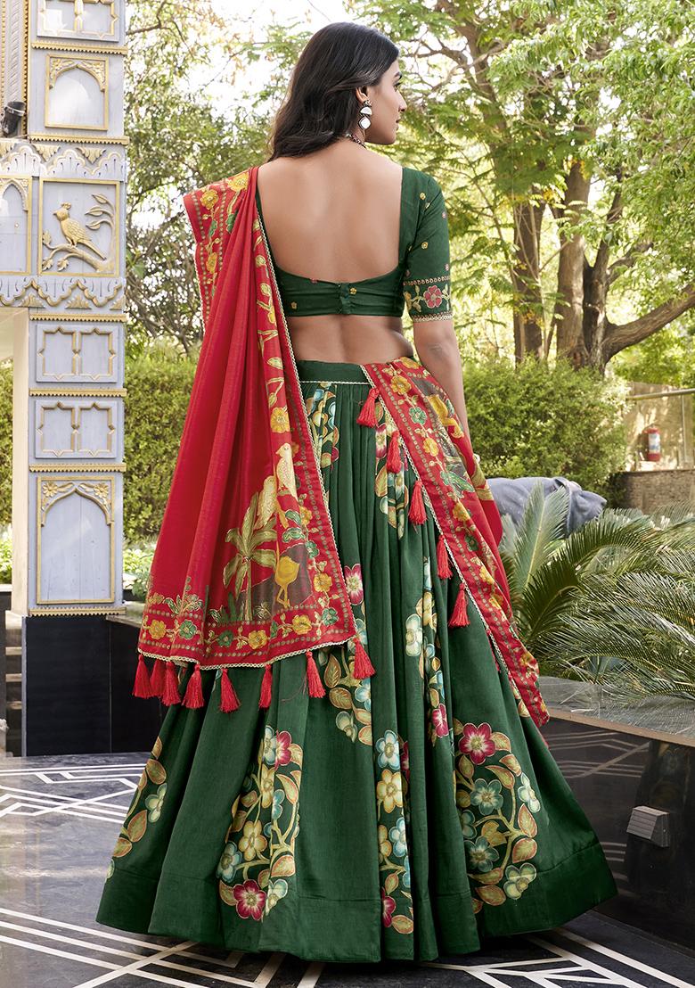 Green Embroidery Silk Lehenga Choli Set - Indya
