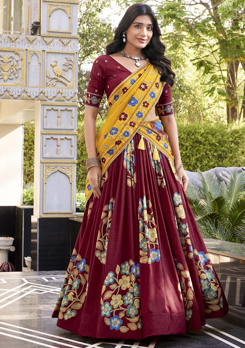 Maroon Embroidery Silk Lehenga Choli Set - Indya