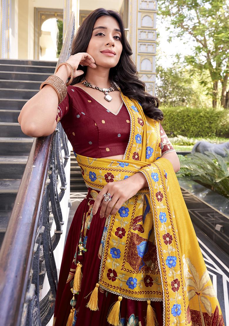 Maroon Embroidery Silk Lehenga Choli Set - Indya