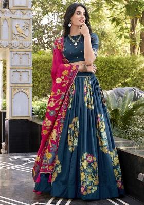 Peacock Blue Embroidery Silk Lehenga Choli Set