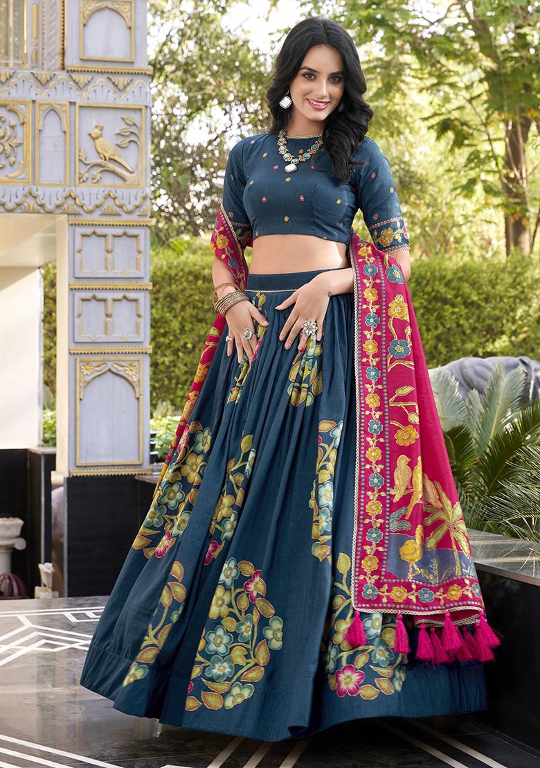 Peacock Blue Embroidery Silk Lehenga Choli Set - Indya