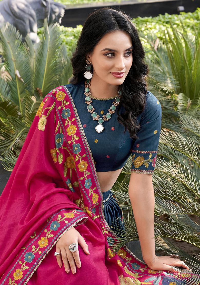 Peacock Blue Embroidery Silk Lehenga Choli Set - Indya