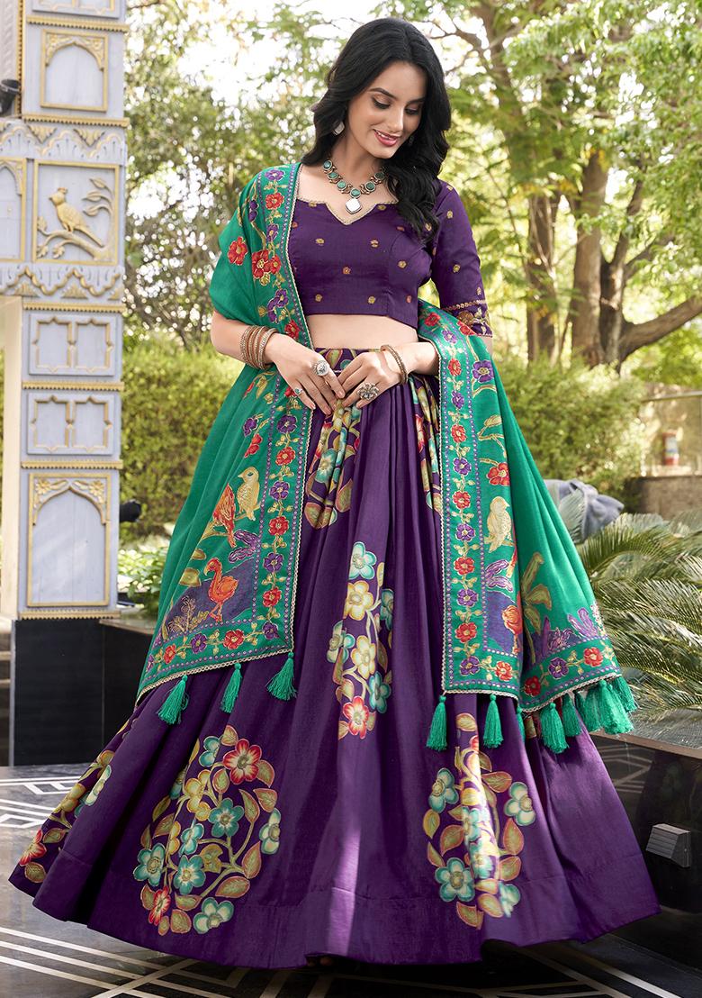 Purple Embroidery Silk Lehenga Choli Set - Indya