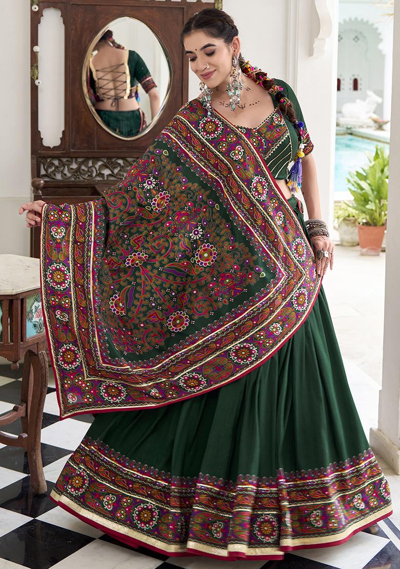 Green Embroidery Silk Lehenga Choli Set - Indya