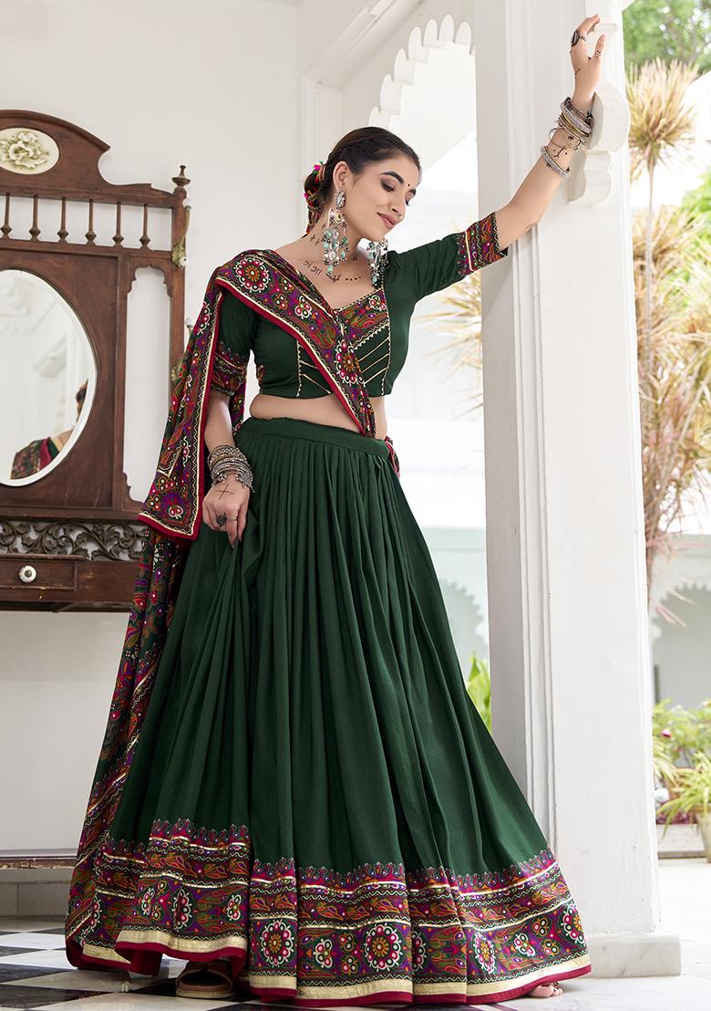 Green Embroidery Silk Lehenga Choli Set - Indya