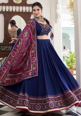 Navy Blue Embroidery Silk Lehenga Choli Set