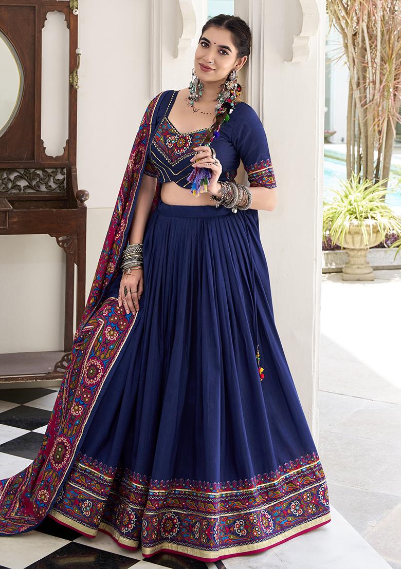 Navy Blue Embroidery Silk Lehenga Choli Set - Indya