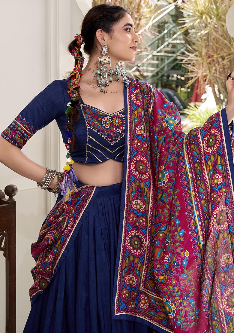 Navy Blue Embroidery Silk Lehenga Choli Set - Indya