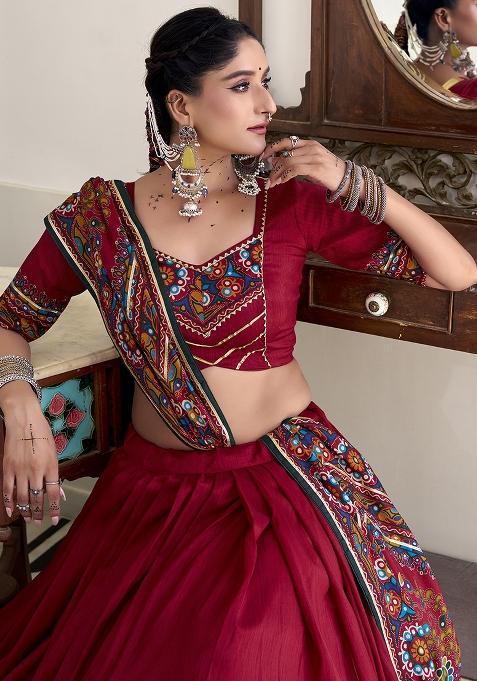 Red Embroidery Silk Lehenga Choli Set