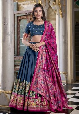 Peacock Blue Embroidery Silk Lehenga Choli Set