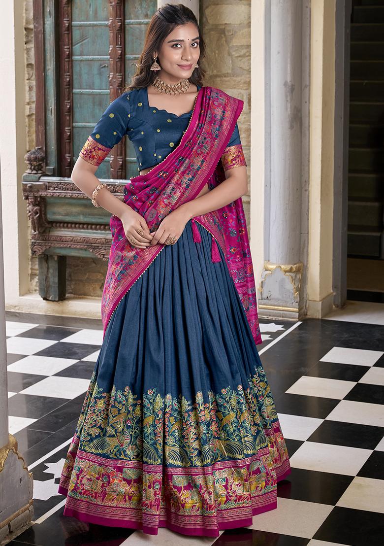 Peacock Blue Embroidery Silk Lehenga Choli Set - Indya
