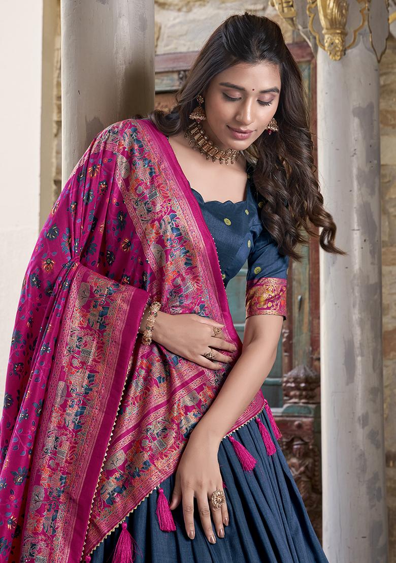 Peacock Blue Embroidery Silk Lehenga Choli Set - Indya