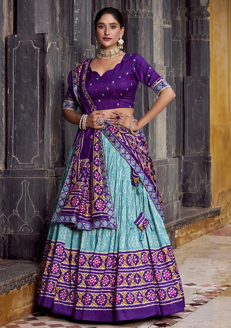 Sky Blue Embroidery Silk Lehenga Choli Set - Indya