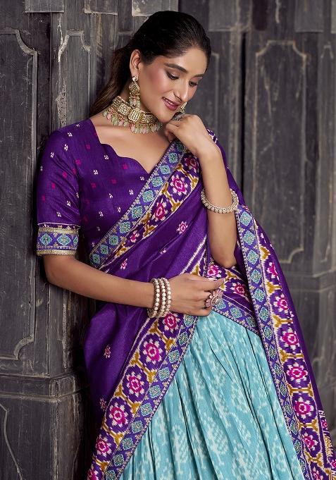 Sky Blue Embroidery Silk Lehenga Choli Set