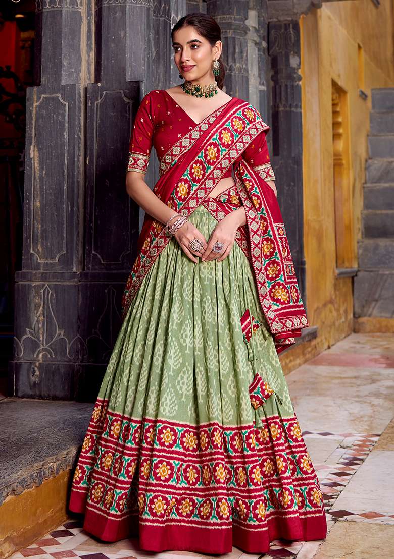 Soft Green Embroidery Silk Blend Chaniya Choli Set For Navratri And Garba for Diwali and Festive Wear - Indya