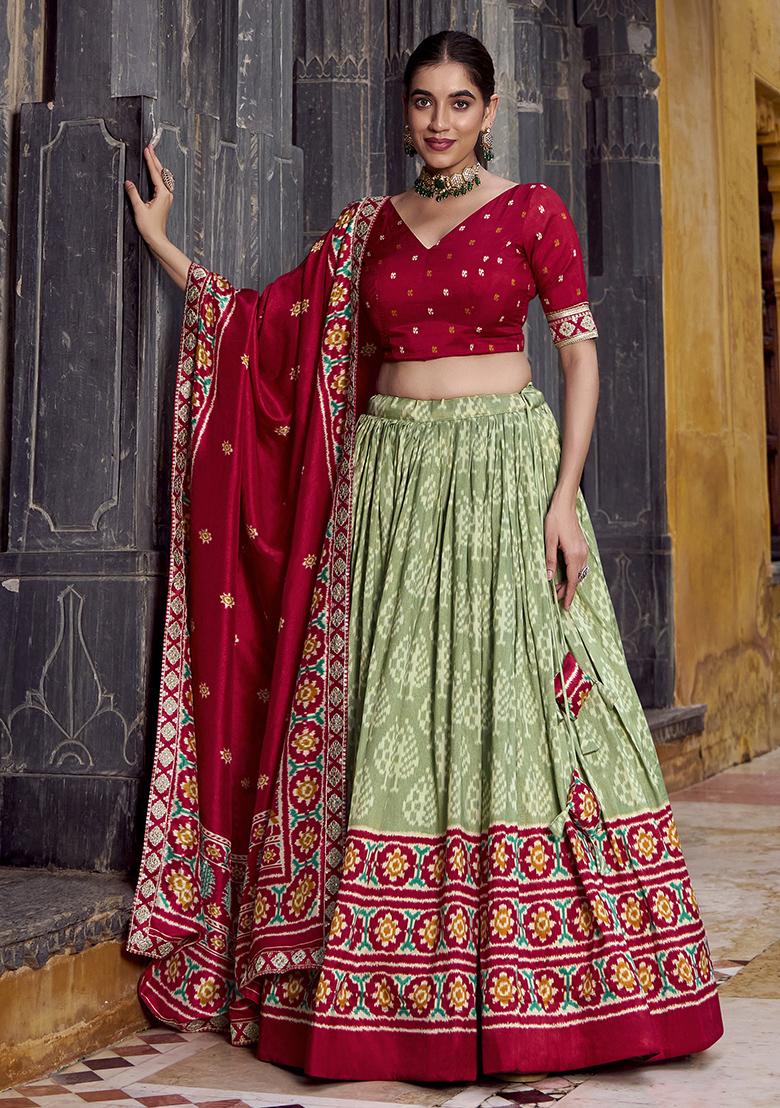 Soft Green Embroidery Silk Lehenga Choli Set - Indya