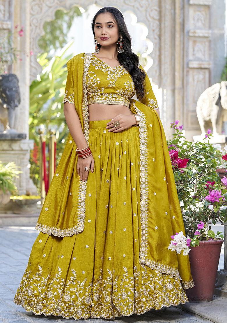 Mustard Embroidery Silk Lehenga Choli Set - Indya