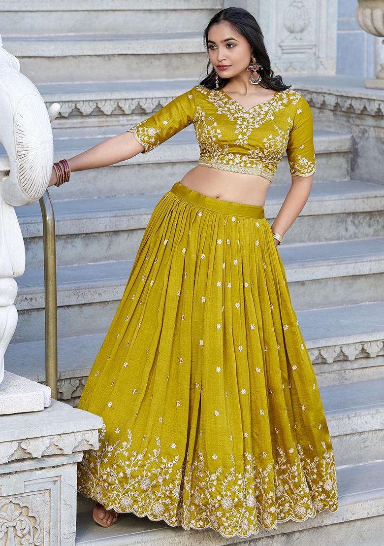 Mustard Embroidery Silk Lehenga Choli Set