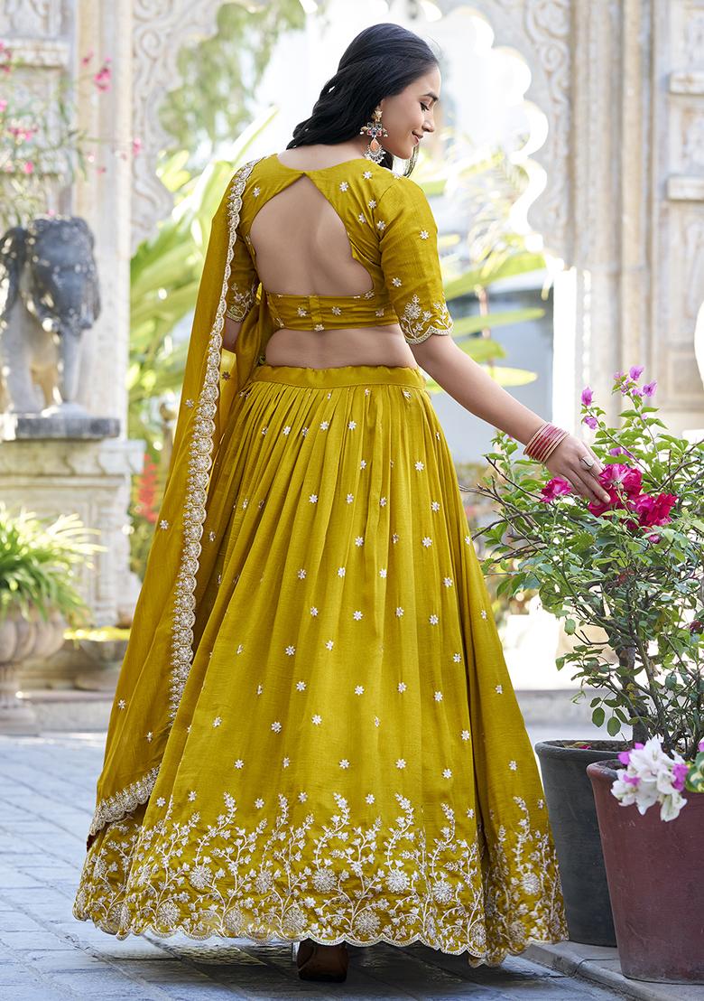 Mustard Embroidery Silk Lehenga Choli Set - Indya