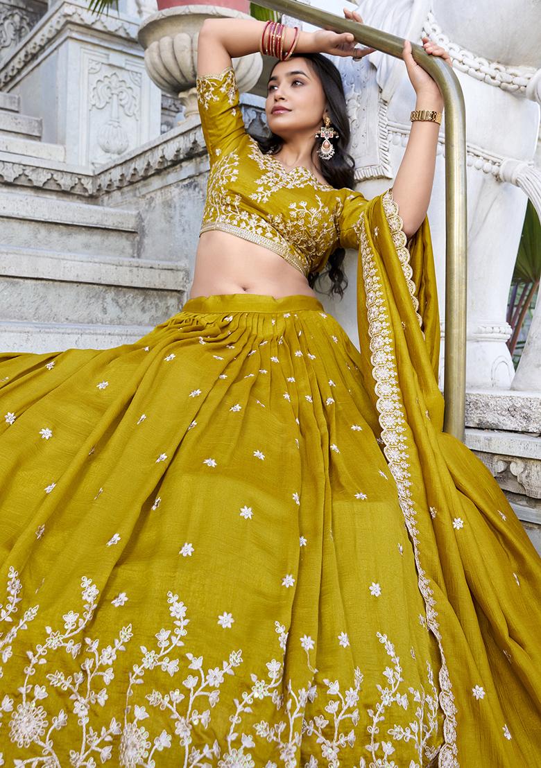 Mustard Embroidery Silk Lehenga Choli Set