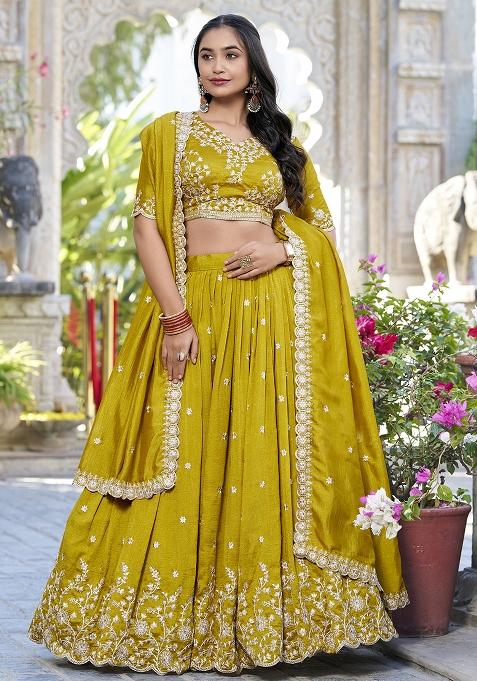 Mustard Embroidery Silk Lehenga Choli Set