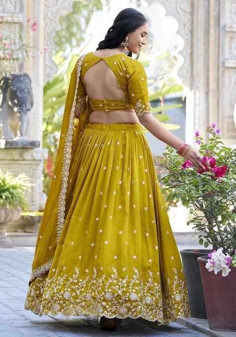 Mustard Embroidery Silk Lehenga Choli Set
