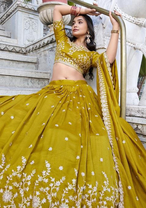 Mustard Embroidery Silk Lehenga Choli Set