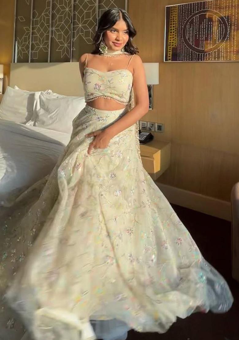 White Embroidery Silk Lehenga Choli Set - Indya